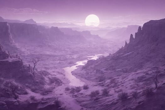 A digital composition of an alien landscape featuring a deep canyon in surreal purple tones with a prominent celestial body in the sky.