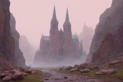 The image captures a serene moment of a church or cathedral standing tall among mist-covered mountains, illuminated in a gentle pink glow.