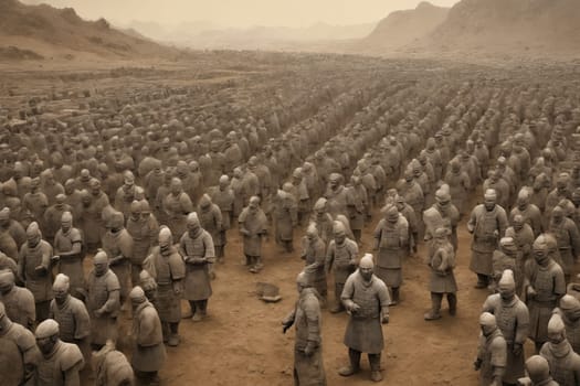 Captured in sepia, the Terracotta Army exudes an air of antiquity, with each figure presenting unique details of ancient Chinese military regalia.