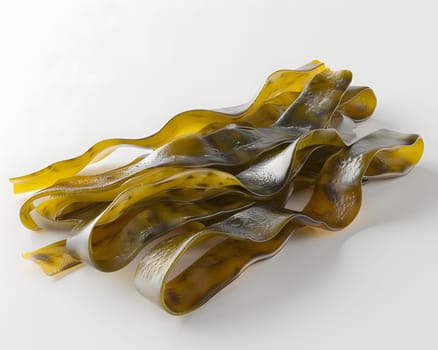 A heap of seaweed rests elegantly on a pristine white surface, resembling a fashion accessory in a culinary art piece. This plant ingredient adds depth to dishes with its unique texture and flavor