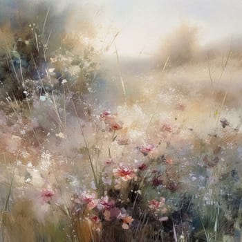 Oil style fine art painting of the English countryside, depicting romantic floral meadow, flowers field in soft pastel colours, evoking a sense of tranquility and natural beauty, printable art design