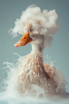 A duck with a fluffy white head is splashing in the water. The duck appears to be enjoying itself and is surrounded by a playful, lighthearted atmosphere
