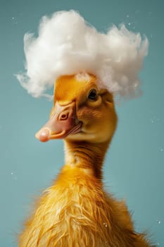 A duck with a fluffy white head is splashing in the water. The duck appears to be enjoying itself and is surrounded by a playful, lighthearted atmosphere
