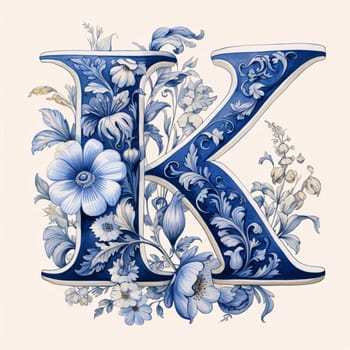 Graphic alphabet letters: Vintage floral capital letter K with flowers in gzhel style
