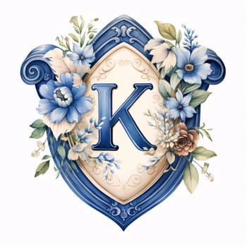 Graphic alphabet letters: Vintage letter K with floral decoration. Hand drawn vector illustration.