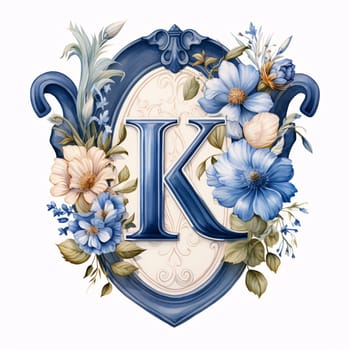 Graphic alphabet letters: Vintage floral capital letter K with flowers and leaves in blue and white colors.