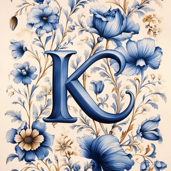 Graphic alphabet letters: Vintage floral alphabet with flowers and leaves. Letter K in the Victorian style.