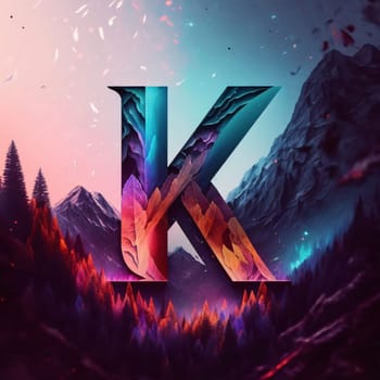 Graphic alphabet letters: Alphabet letter K in the mountains. 3D illustration. Fantasy style.