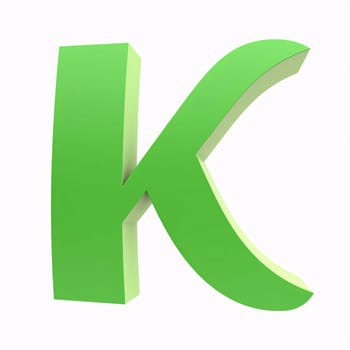 Graphic alphabet letters: green letter K isolated on white background. 3d render image.