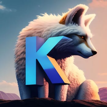 Graphic alphabet letters: Cute fox with blue letter K in the desert. 3D rendering