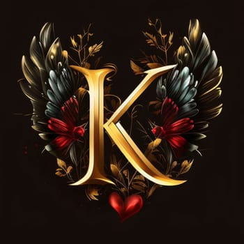 Graphic alphabet letters: Luxury letter K with heart and flowers. Vector illustration.