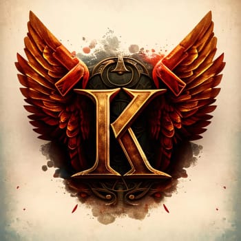 Graphic alphabet letters: Vintage letter K with winged elements on grunge background.