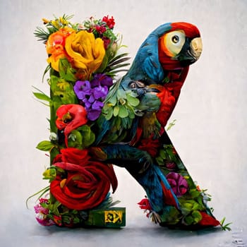 Graphic alphabet letters: Alphabet made of colorful flowers and parrots. Letter K.