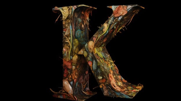 Graphic alphabet letters: Letter K made of abstract paint splashes isolated on black background. 3d rendering