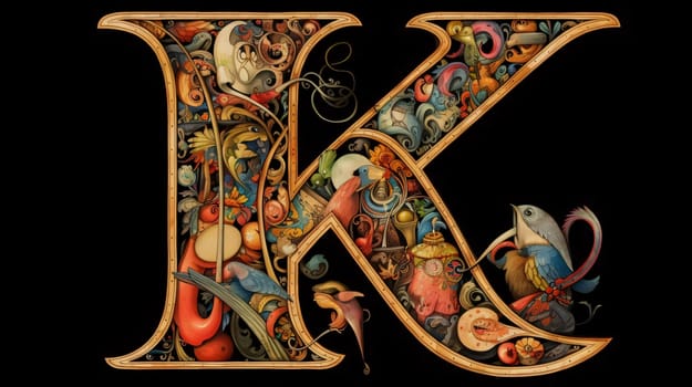 Graphic alphabet letters: Colorful hand drawn capital letter K with fantasy ornaments.