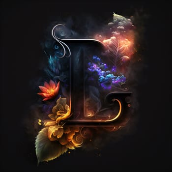 Graphic alphabet letters: Colorful letter with floral ornament and fire effect on black background.