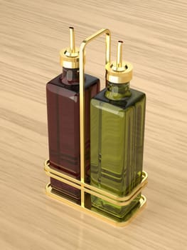 Extra virgin olive oil and red wine vinegar in golden holder