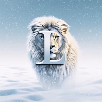 Graphic alphabet letters: Lion with letter L in winter landscape. 3D rendering.