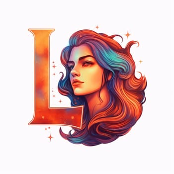 Graphic alphabet letters: Beautiful girl with long hair and letter L. Vector illustration.