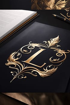 Graphic alphabet letters: Luxury golden letter L on black book cover with decorative elements.