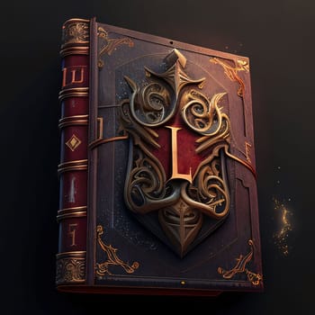 Graphic alphabet letters: Old book with cross and golden crown on black background. 3d illustration