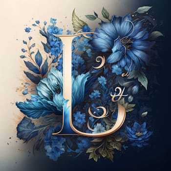 Graphic alphabet letters: Vintage floral alphabet. Letter L with blue flowers and leaves.