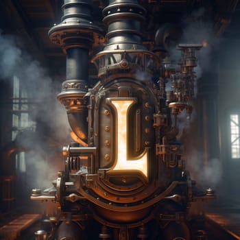 Graphic alphabet letters: 3d illustration of the letter L in the form of a steam engine