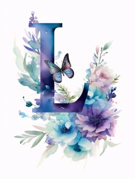 Graphic alphabet letters: Watercolor alphabet with flowers, leaves and butterfly. Letter L.