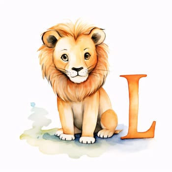 Graphic alphabet letters: Lion with letter L. Watercolor illustration on white background.