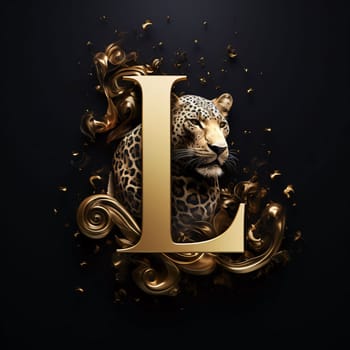 Graphic alphabet letters: Leopard with gold letter L on black background. 3D rendering