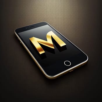 Graphic alphabet letters: Mobile phone with gold letter M on a dark background. Vector illustration.