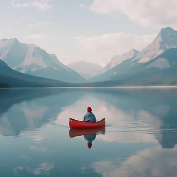 A person in a red canoe peacefully paddles on a serene lake surrounded by towering mountains under a beautiful sky with fluffy clouds