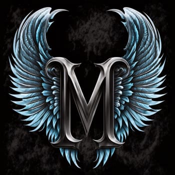 Graphic alphabet letters: Vintage letter M with wings on grunge background. 3d rendering
