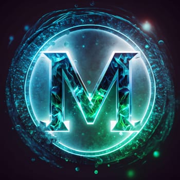 Graphic alphabet letters: Futuristic letter M in a circle with neon lights. Vector illustration.