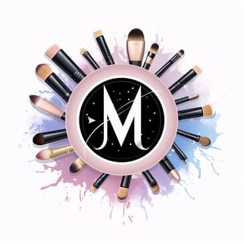 Graphic alphabet letters: Cosmetic branding, make-up and girly glamour concept - set of make-up brushes and cosmetics round icon on watercolor splash background, eye shadows cosmetics product for luxury beauty brand