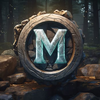 Graphic alphabet letters: 3d rendering of a fantasy stone letter M in the forest.
