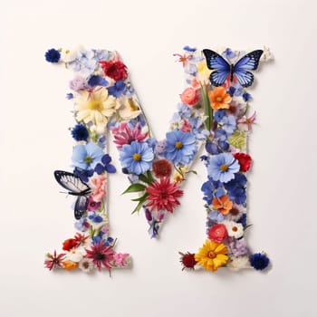 Graphic alphabet letters: Letter M made of flowers and butterflies on white background. Floral alphabet