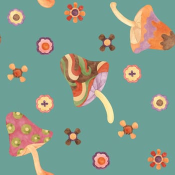 Retro groovy seamless pattern with mushrooms and flowers in watercolor. Vintage hippie fungi textile ornament clipart. Hand drawn nostalgic print for clothing, wallpaper, wrapping, scrapbooking