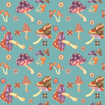 Groovy seamless pattern, retro mushrooms and flowers in watercolor. Vintage hippie fungi textile ornament clipart. Hand drawn fly agaric nostalgic print for clothes, wallpaper, wrapping, scrapbooking