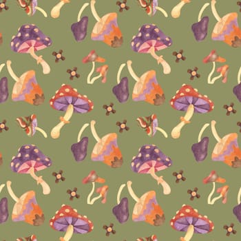 Retro groovy seamless pattern with mushrooms and flowers in watercolor. Vintage hippie fungi textile ornament clipart. Hand drawn fly agaric nostalgic print for clothing, wrapping, scrapbooking