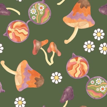 Retro groovy seamless pattern with mushrooms, daisies and glasses in watercolor. Vintage floral hippie fungi textile ornament clipart. Hand drawn nostalgic print for clothing, paper, scrapbooking