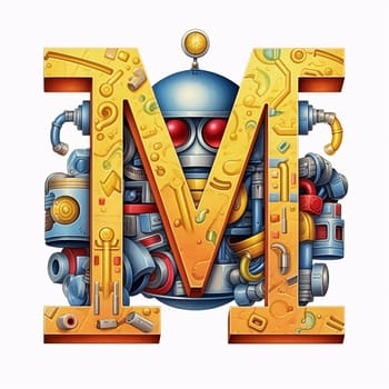 Graphic alphabet letters: Mechanical alphabet. Letter M made of mechanical elements. Vector illustration