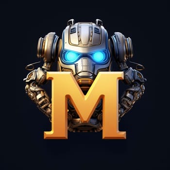 Graphic alphabet letters: 3d rendering of a robot character with a letter M on a dark background