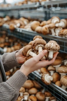 Champignon mushrooms in the hands of a woman in a greenhouse. Selective focus. nature.