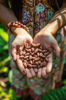 Cocoa beans harvest in the hands of a woman. Selective focus. nature.