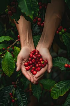 Coffee beans harvest in the hands of a woman. Selective focus. nature.