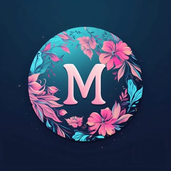 Graphic alphabet letters: Floral letter M in circle frame. Floral font. Vector illustration.