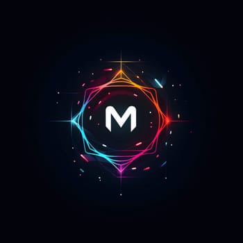 Graphic alphabet letters: M letter logo in a circle with colorful lights. Vector illustration.