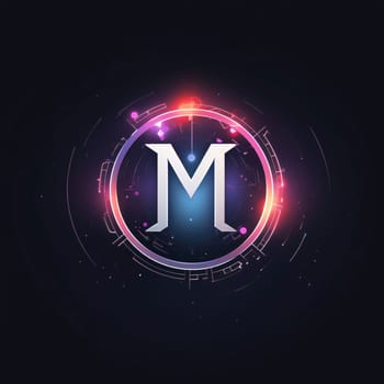 Graphic alphabet letters: M letter logo in circle with glowing lights. Vector illustration for your design