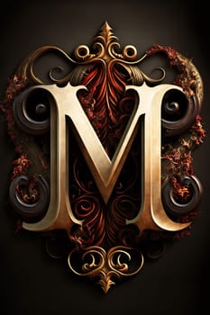 Graphic alphabet letters: ornamental letter M with floral ornament on black background. 3d illustration